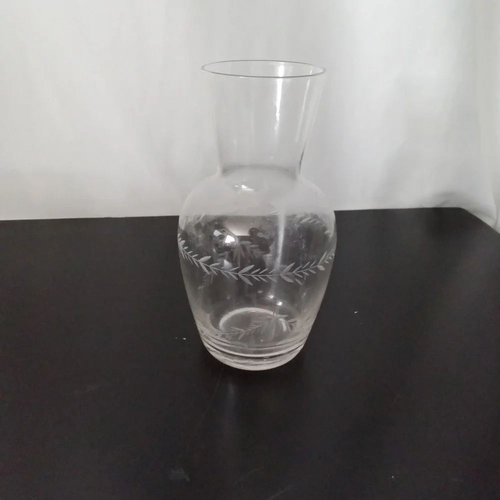 Vintage Style Clear Etched Glass Vase Leaf Wheat Pattern Flared Rim Urn 7 Inch